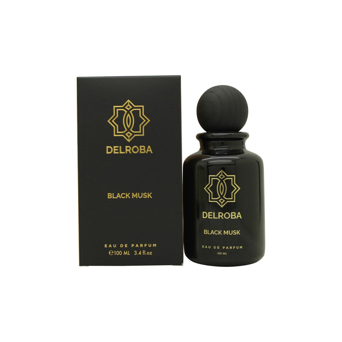 Delroba Parfums Black Mush Eau de Parfum 100 ml, sort firkantet glasflaske med kantet design og mørk hætte