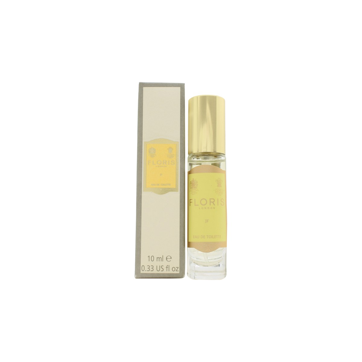 Floris JF Eau de Toilette 10ml, Floris 10 ml klar glasflaske med gylden etikette og sølvfarvet skruelåg