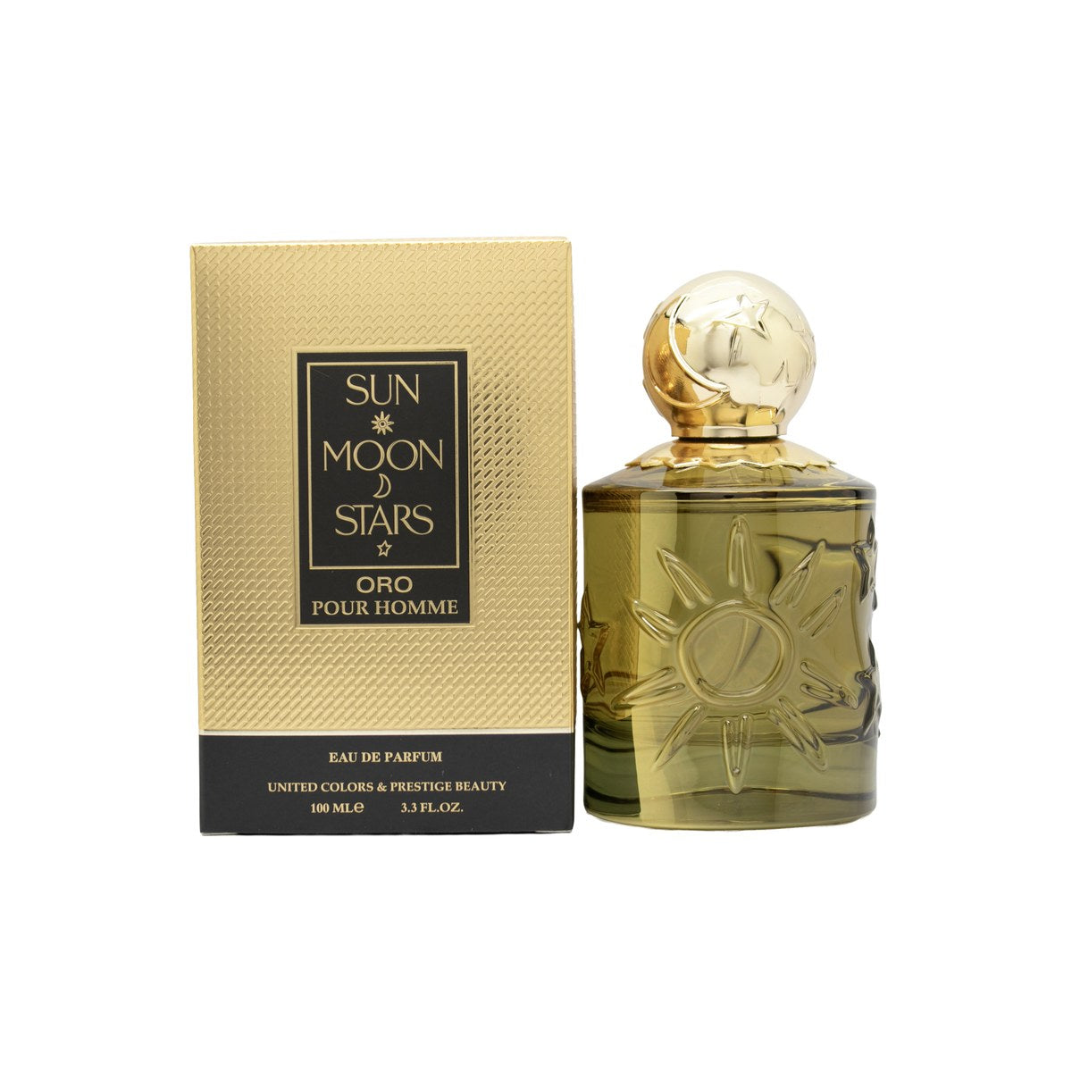 United Colors & Prestige Beauty Sun Moon Stars Oro Eau de Parfum 100 ml – gylden flakon med sol måne stjerner og guldhætte