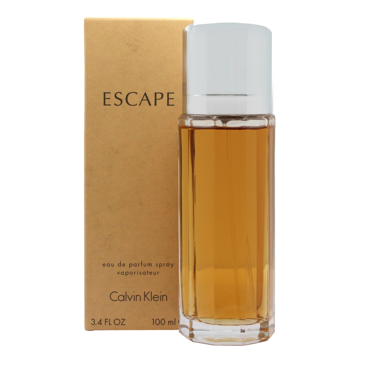 Escape Eau De Parfum Calvin Klein 100 ml transparent glasflakon med afrundet rektangulær form, sølvspray og klar hætte