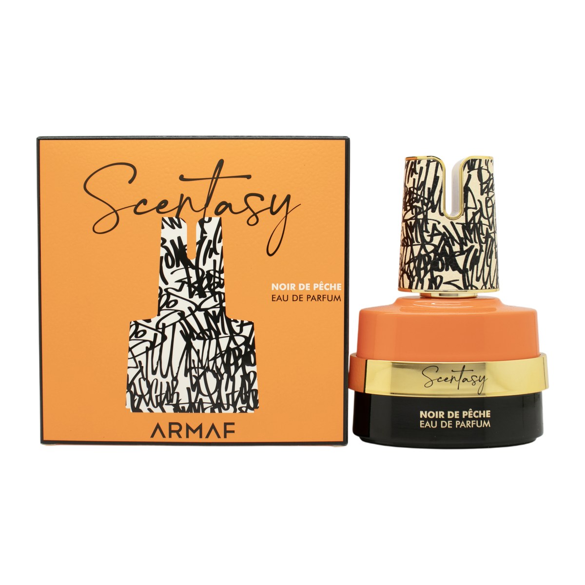 Armaf Scentasy Noir de Pêche Eau de Parfum 100 ml fra Armaf, ferskenfarvet flakon med sort låg og gyldne detaljer