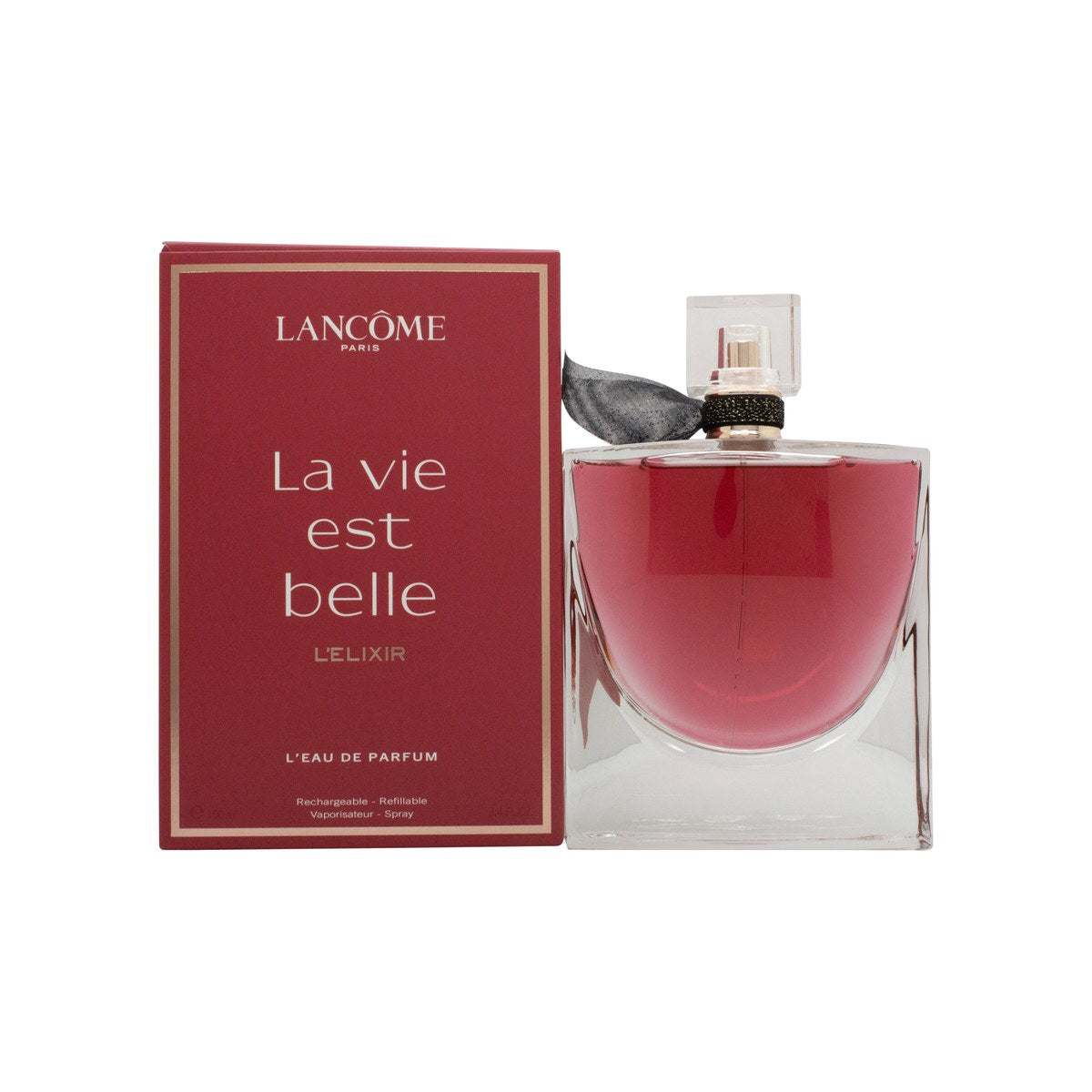 Lancôme La Vie est Belle L'Elixir L'eau de Parfum 100 ml – ravfarvet kantet glasflakon med klar sløjfedetalje og sølvhals