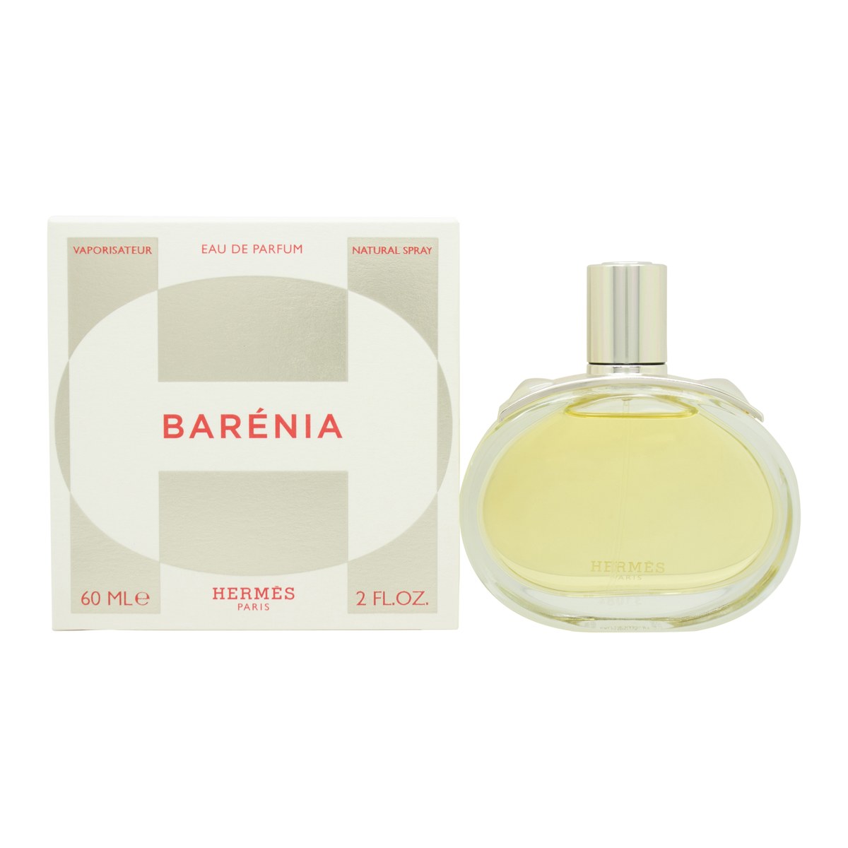 Barénia Eau De Parfum Hermès 60 ml – oval glasflakon med varm ravfarvet væske, metalplade og pyramidestud