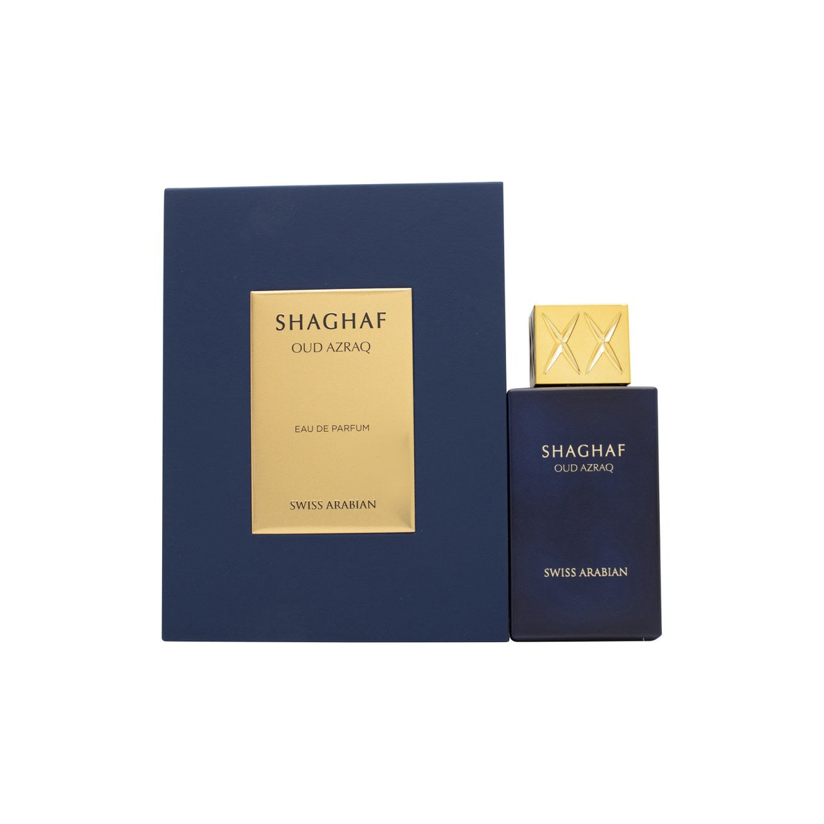 Swiss Arabian Shaghaf Oud Azraq Eau de Parfum 75 ml flakon i mørkeblå glas med gylden kuppelformet hætte og orientalsk mønster