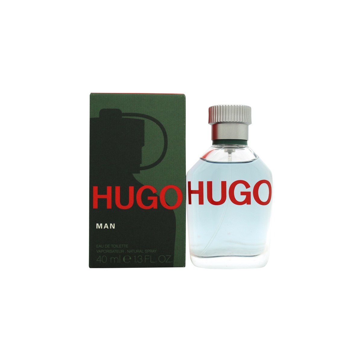 Hugo Eau De Toilette Hugo Boss 40 ml – klar rektangulær flaske i glas med grå skruelåg og grønt Hugo-logo