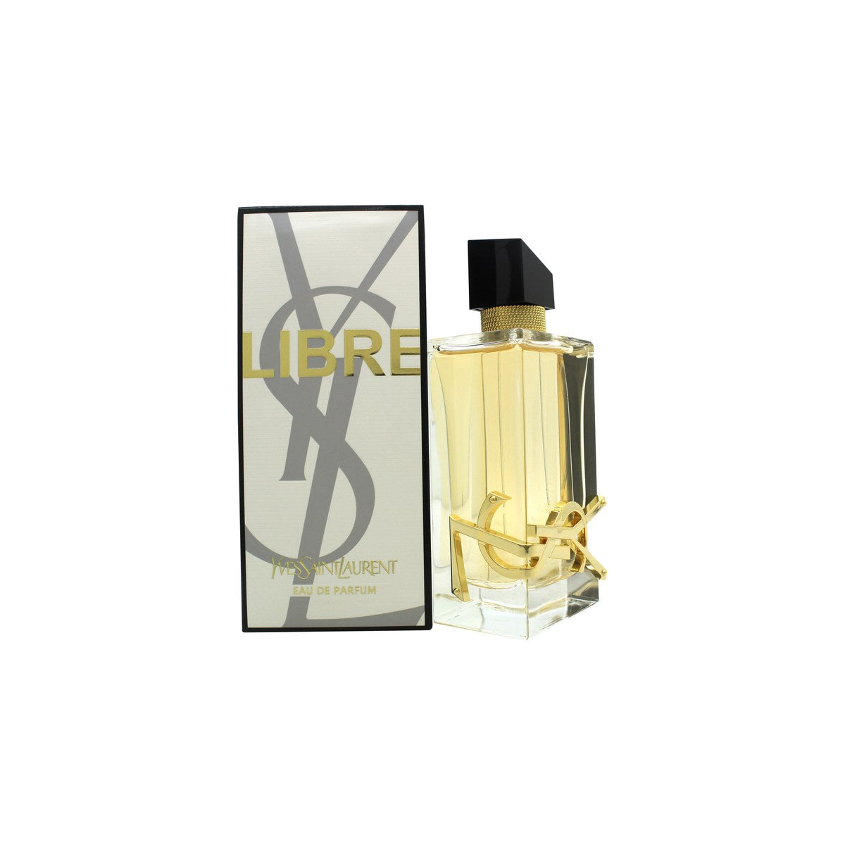 Yves Saint Laurent Libre Eau de Parfum 90 ml – klar rektangulær glasflakon med gylden duft, sort asymmetrisk låg og YSL-logo