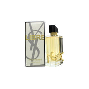 Yves Saint Laurent Libre Eau de Parfum 90 ml – klar rektangulær glasflakon med gylden duft, sort asymmetrisk låg og YSL-logo