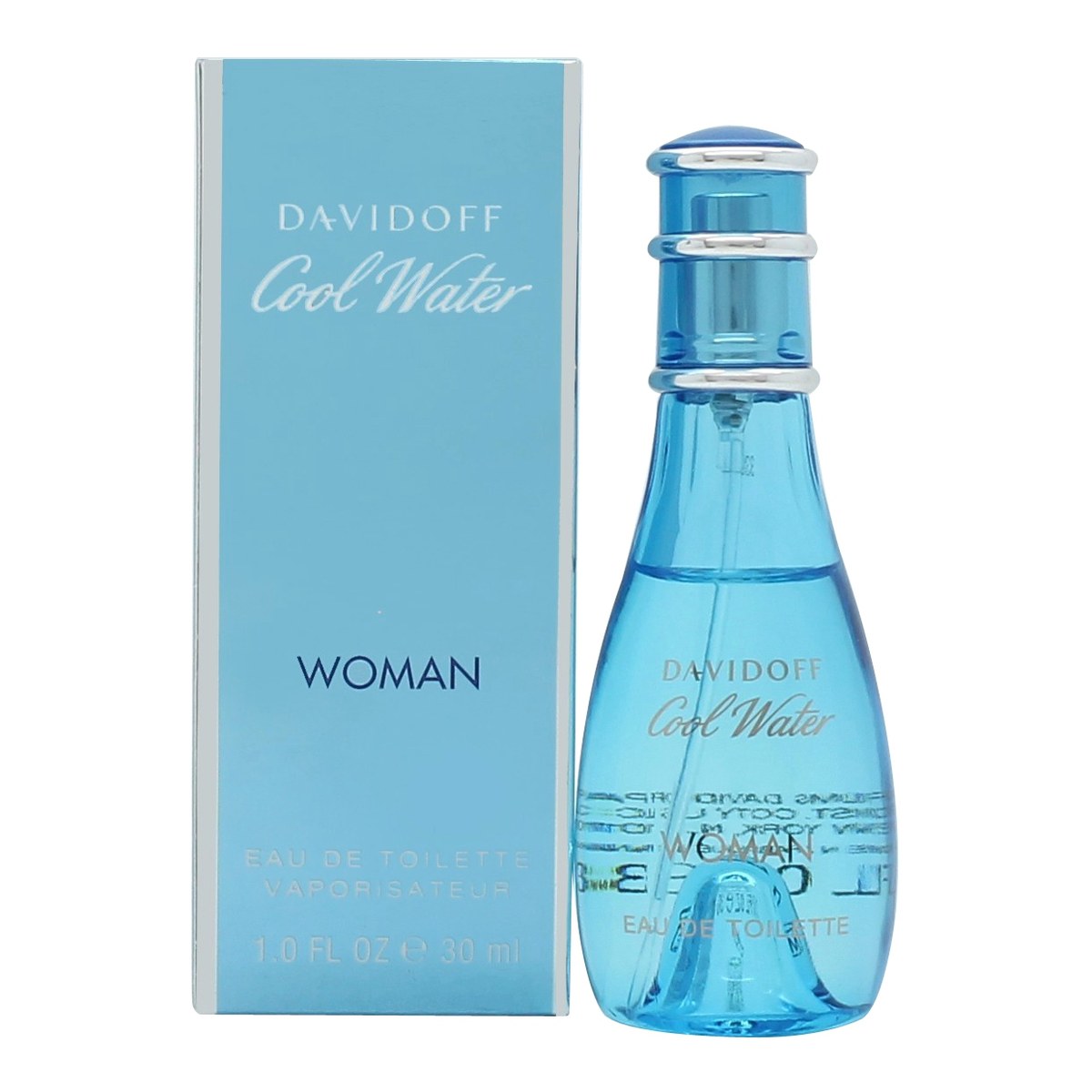 Cool Water Woman Eau De Toilette Davidoff 30 ml lyseblå, buet glasflaske i dråbeform med sølvfarvet låg og maritim lethed