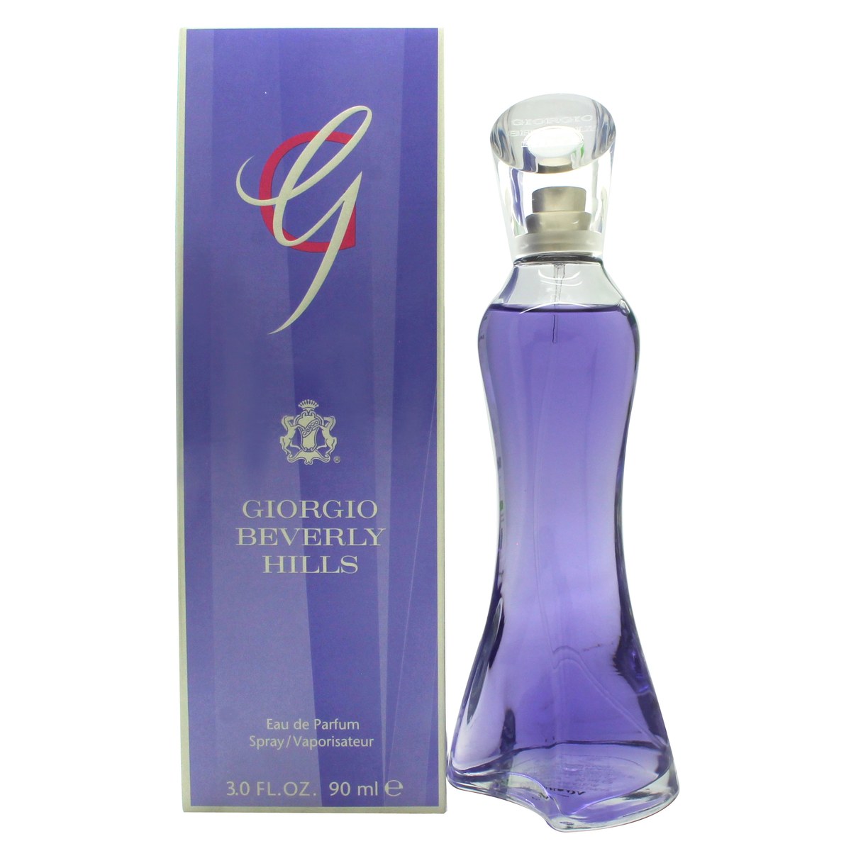 Giorgio Beverly Hills G Eau de Parfum 90 ml – rund klar glasflaske med gylden væske og guldkork, klassisk design