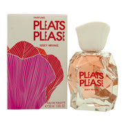 Pleats Please Eau De Toilette Issey Miyake 50 ml, facetteret glasflaske med klar rosa væske og geometrisk plisseeffekt design
