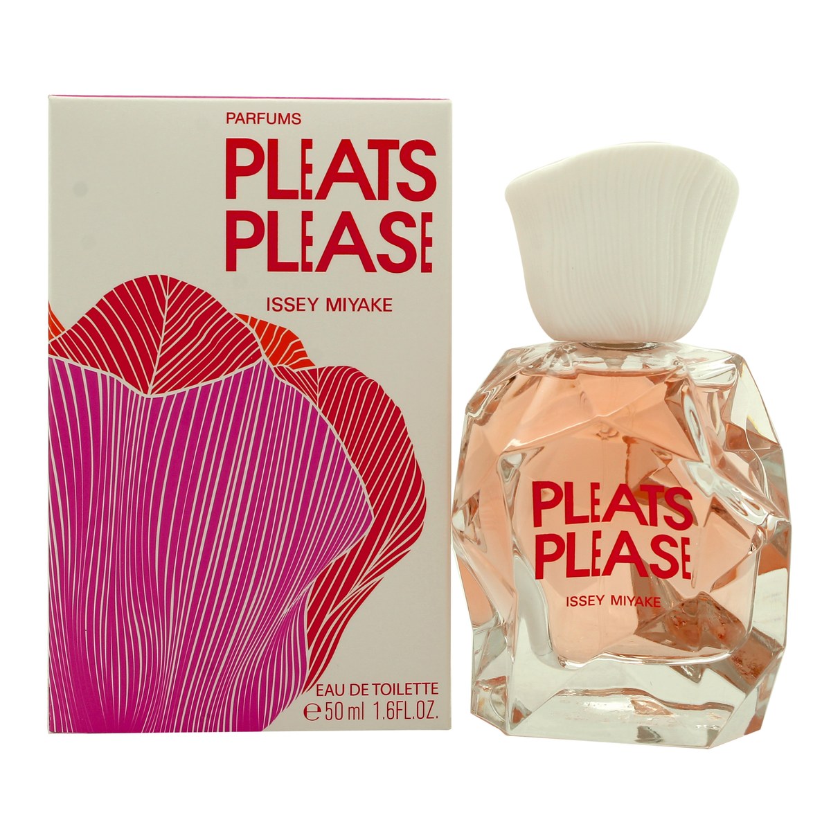 Pleats Please Eau De Toilette Issey Miyake 50 ml, facetteret glasflaske med klar rosa væske og geometrisk plisseeffekt design