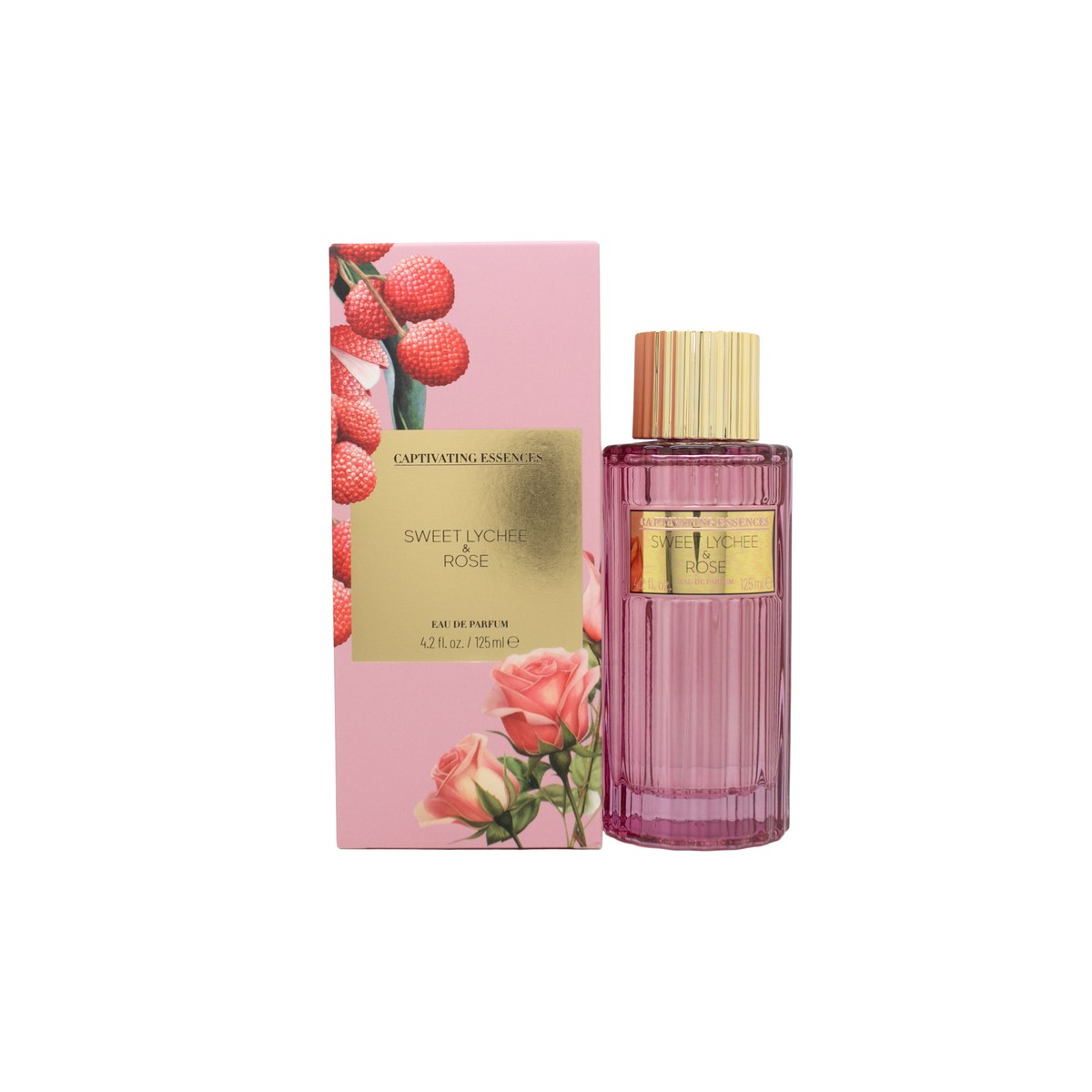 Captivating Essence Sweet Lychee & Rose Eau de Parfum 125 ml – klar glasflaske med rosa tone og enkelt låg