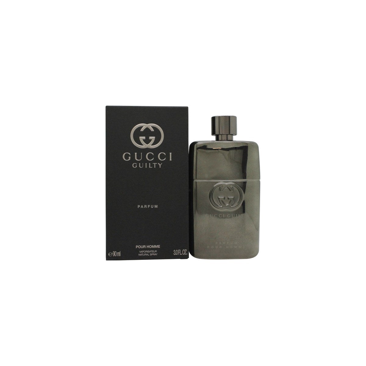 Gucci Guilty Pour Homme Parfum 90 ml fra Gucci – mat sort, firkantet flakon med sølv GG-logo og sort monolitisk prop