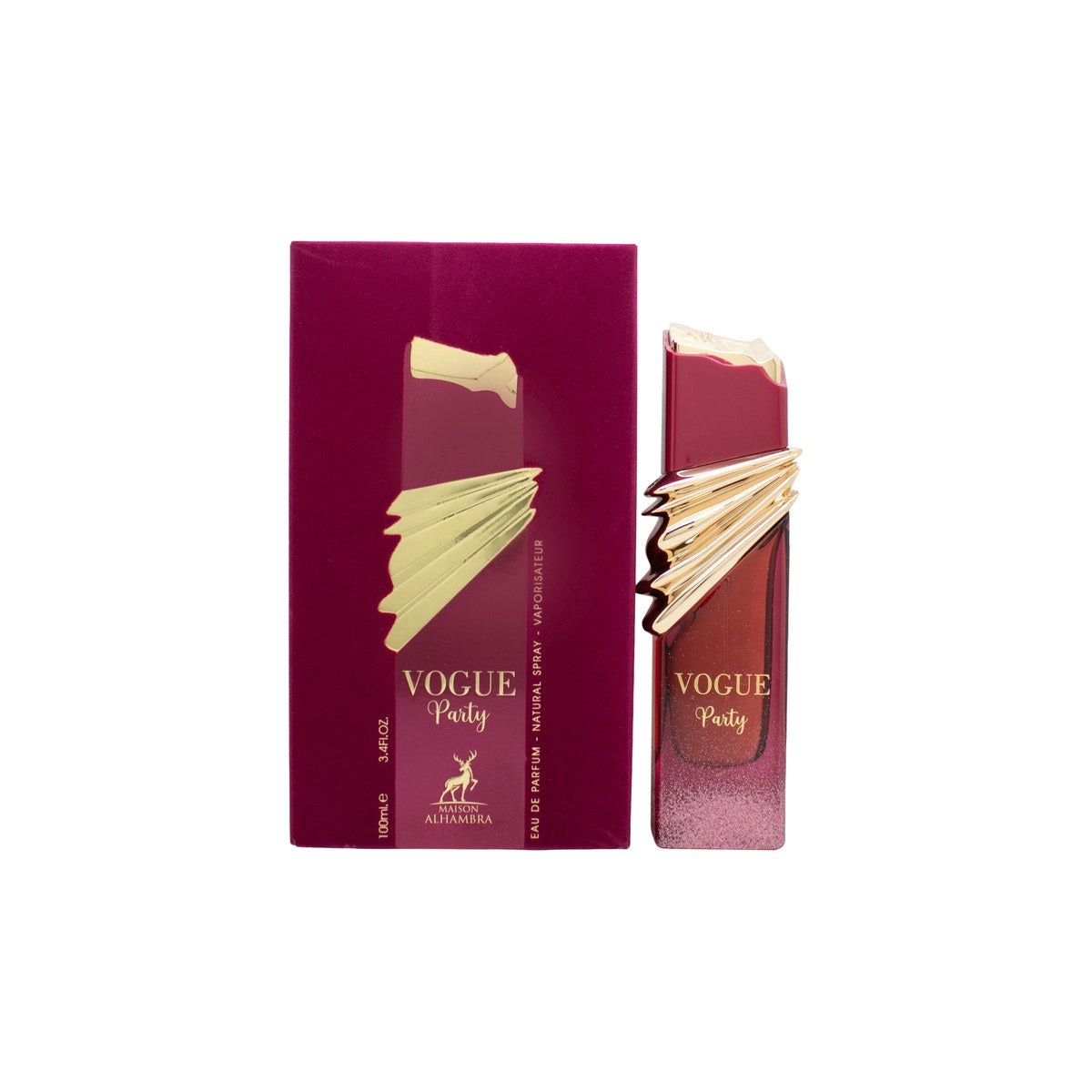 Maison Alhambra Vogue Party Eau de Parfum 100 ml – lyserød firkantet glasflaske med guldfarvet låg og elegant etiket
