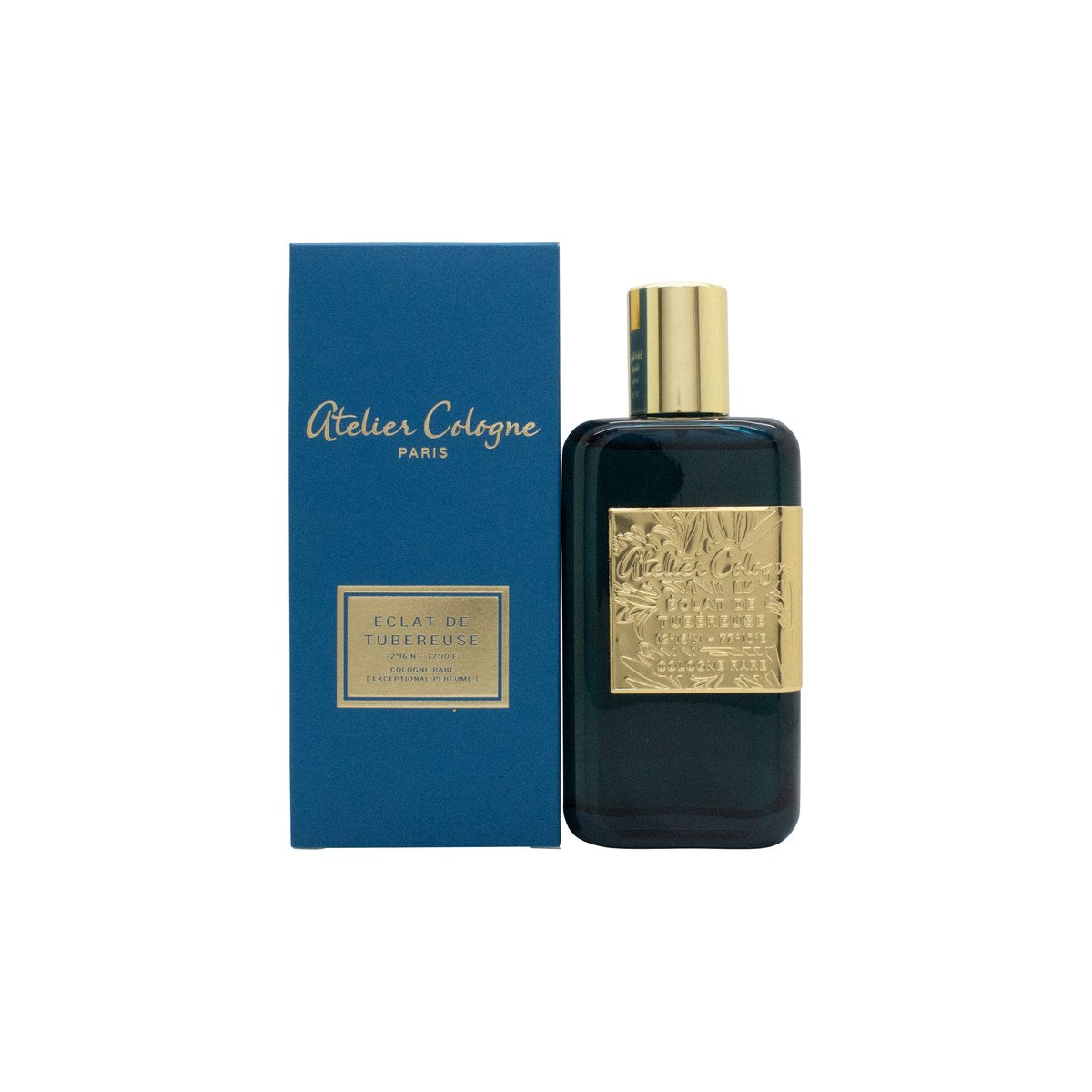 Atelier Cologne Éclat De Tubéreuse Eau de Parfum 100 ml – klar rektangulær flakon med gylden duft og turkis etiket og låg