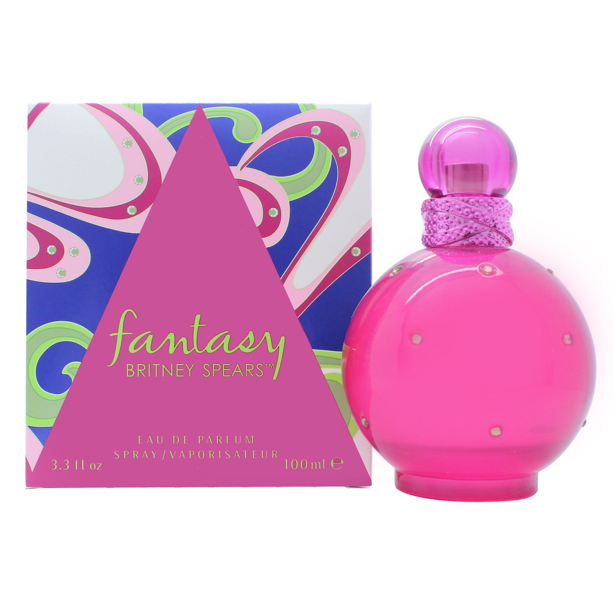 Britney Spears Fantasy Eau De Parfum 100 ml, Britney Spears, rund fuchsiafarvet flaske med grøn ringkapsel og krystalprikker i legende, feminin stil