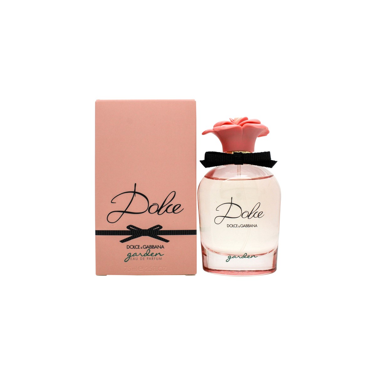 Dolce Garden Eau De Parfum, Dolce & Gabbana, 75 ml – glasflaske i pastelrosa med blomsterlåg, sort bånd og grønt logo