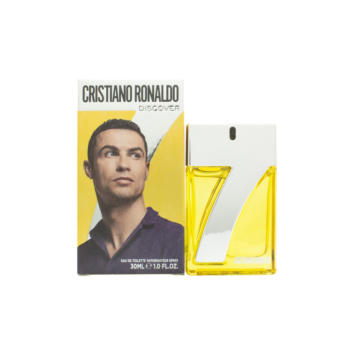 Cristiano Ronaldo CR7 Discover Eau de Toilette 30 ml, blåtonet rektangulær glasflaske med sølvfarvet låg og CR7-logo