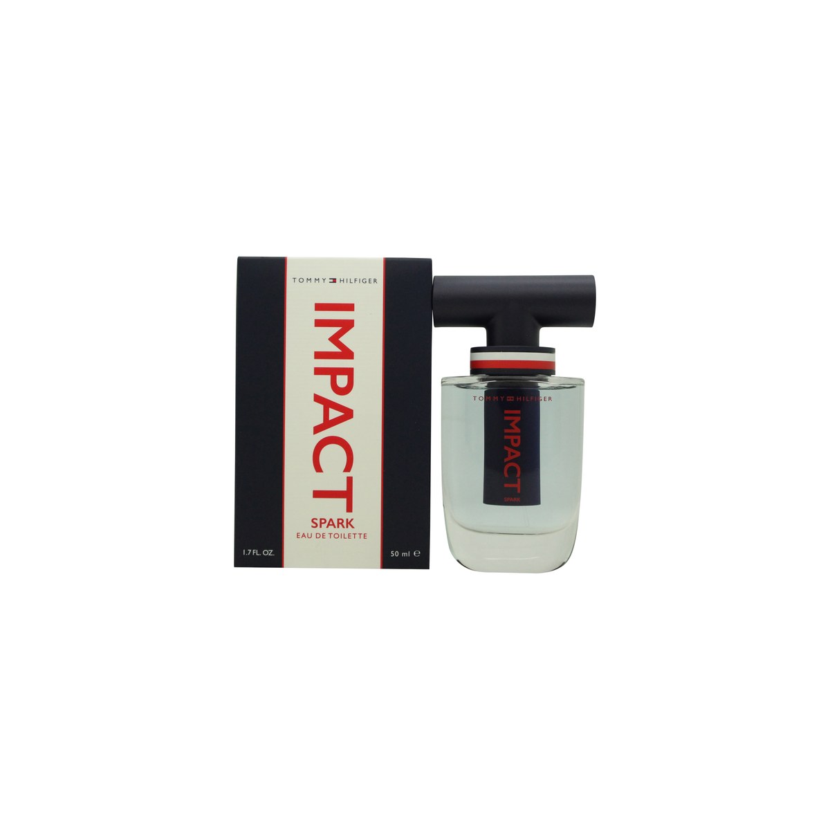Tommy Hilfiger Impact Spark Eau De Toilette 50 ml, klar glasflaske i T-form, lyseblå væske og røde detaljer