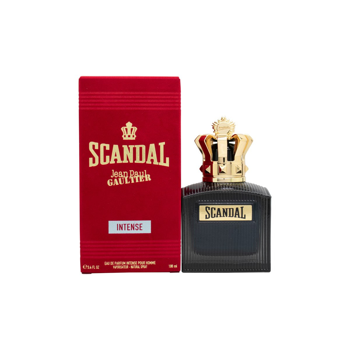 Jean Paul Gaultier Scandal Pour Homme Intense Eau de Parfum 100 ml – ravfarvet flaske med gylden kronekapsel.
