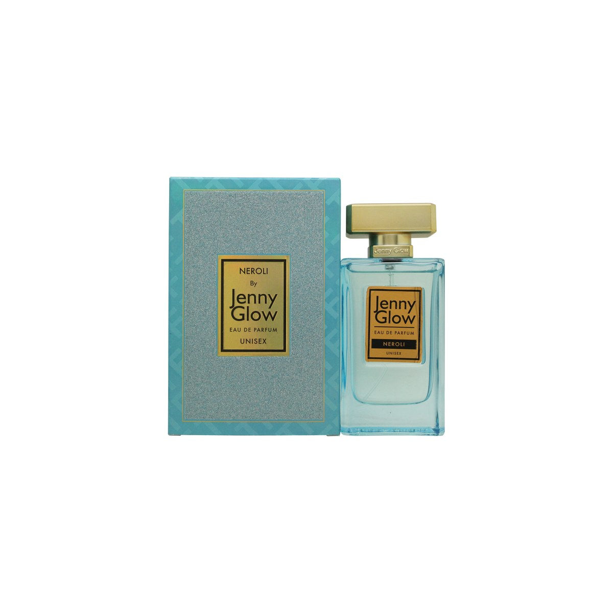 Jenny Glow Neroli Eau de Parfum 80 ml – klar glasflaske med lysegul duft og sølvfarvet cylinderlåg, enkel hvid etiket