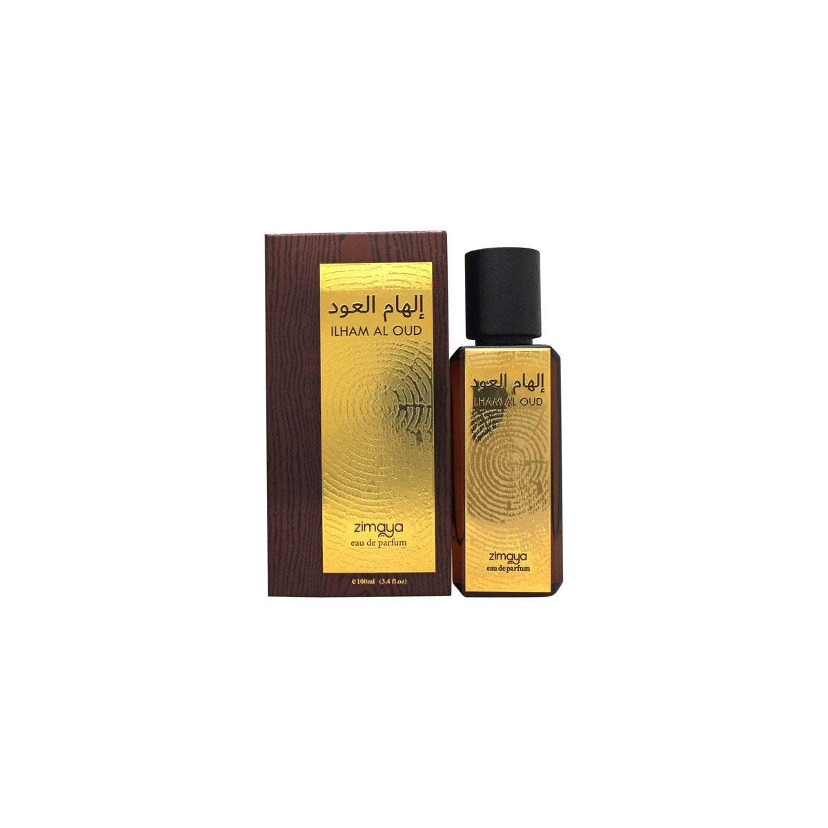 Zimaya Ilham Al Oud Eau de Parfum 100 ml fra Zimaya – sort og gylden flakon med orientalsk mønster og kantet låg