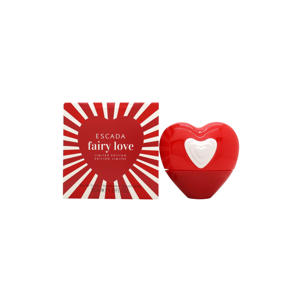 Fairy Love Eau De Toilette Escada 30 ml, hjerteformet pink flakon i transparent glas med kunstnerisk design og drømmende udtryk