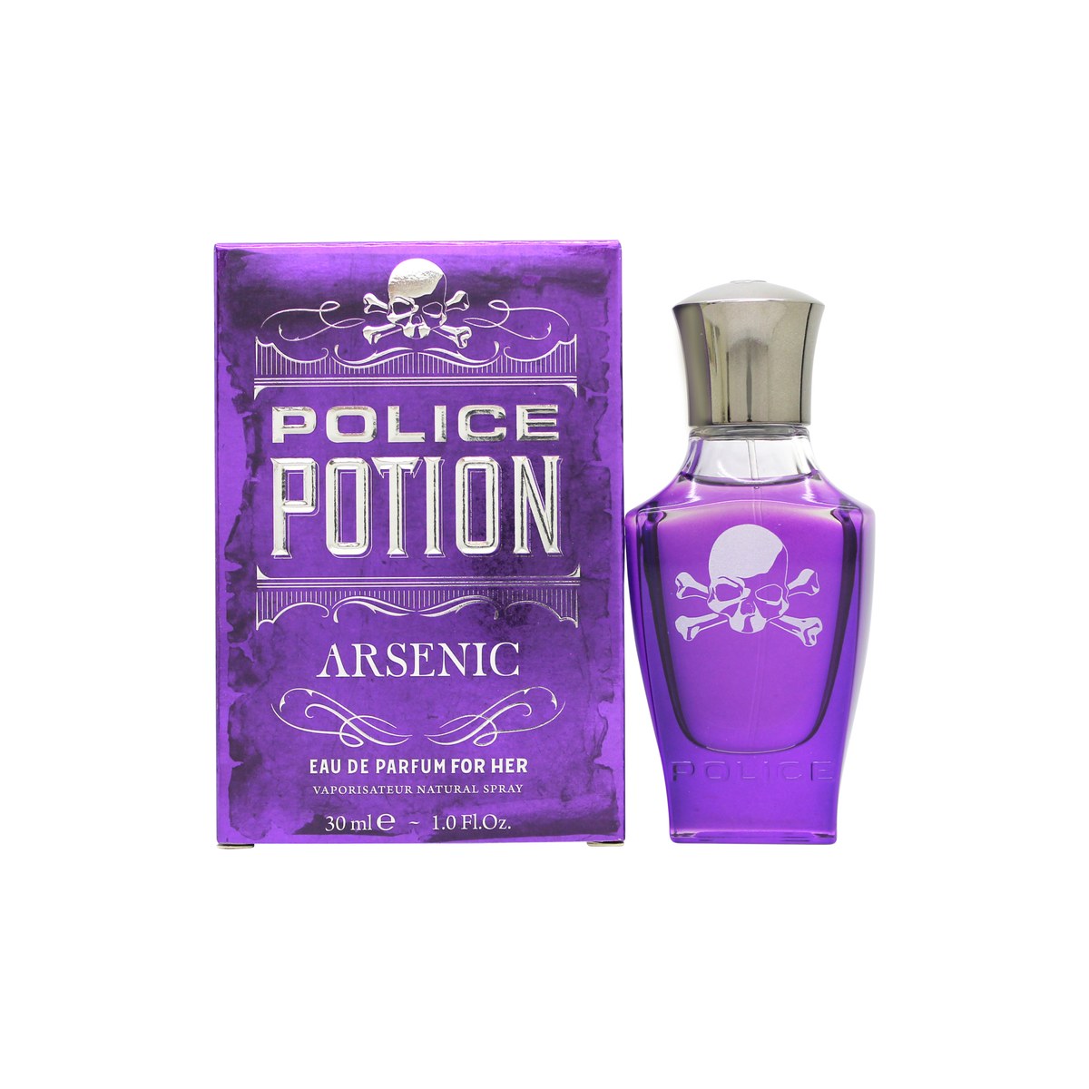 Police Potion Arsenic For Her Eau de Parfum 30 ml fra Police, sort kranieformet flakon med gyldne detaljer og blank finish