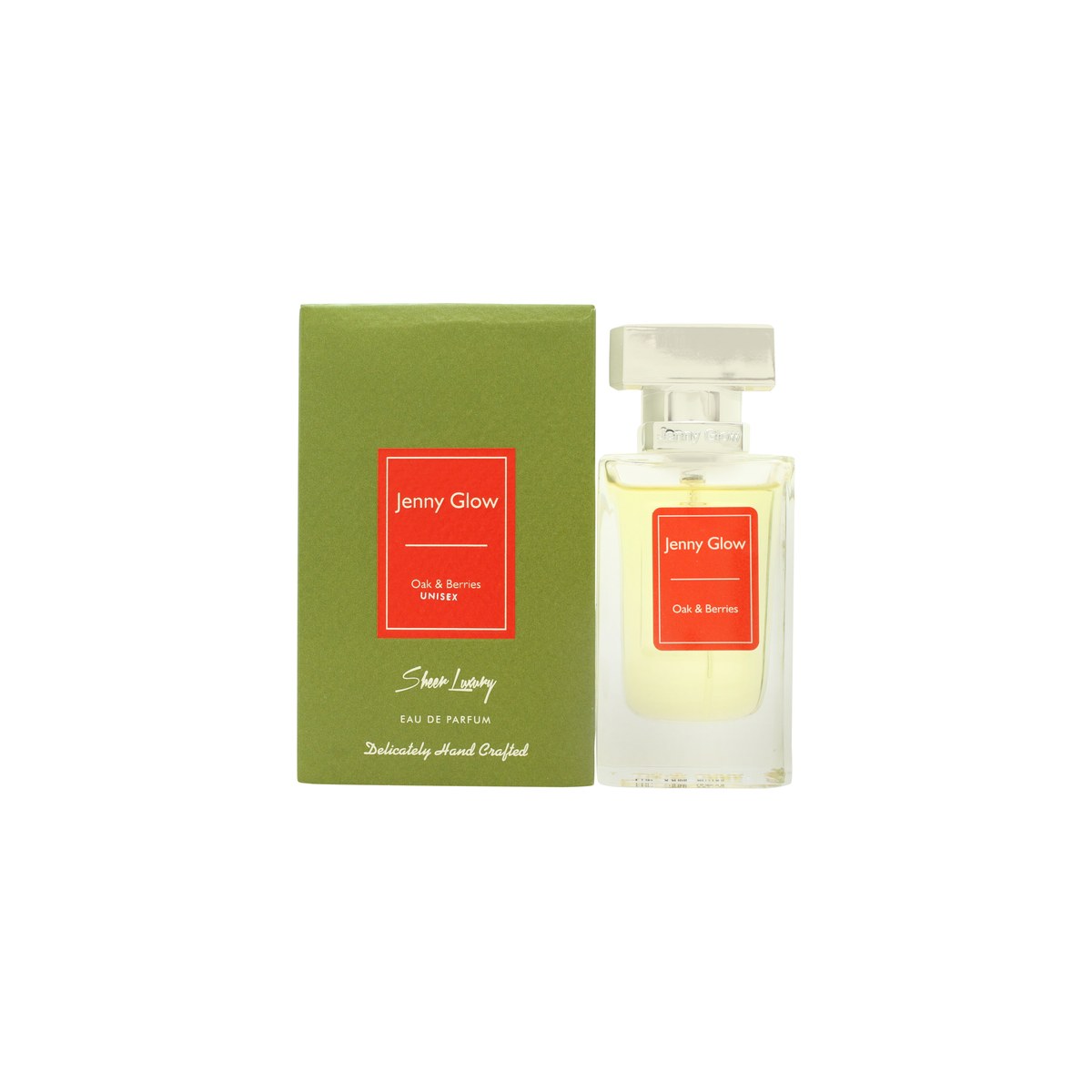 Jenny Glow Oak & Berries Eau de Parfum, Jenny Glow, 30 ml – klar glasflaske med gylden væske og sort låg i enkelt design