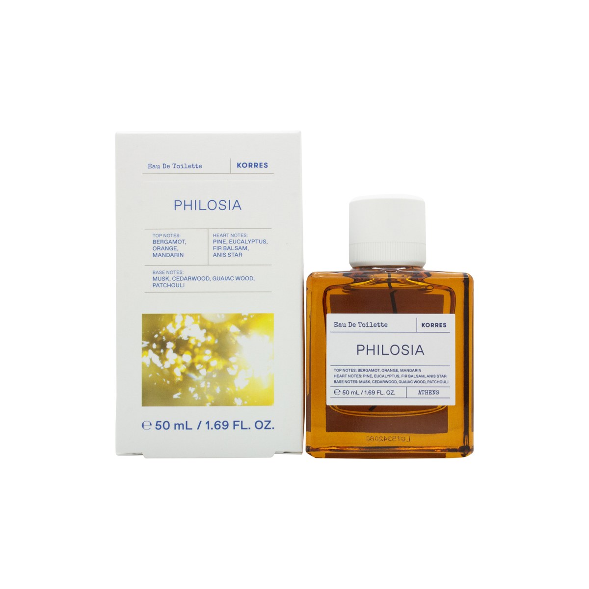 Korres Philosia Eau de Toilette 50 ml fra Korres i klar rektangulær glasflaske med sort låg og enkel etiket