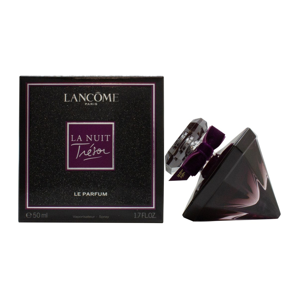 Lancôme La Nuit Trésor Le Parfum Eau de Parfum 50 ml – diamantformet mørklilla flakon med sort rose og satinbånd