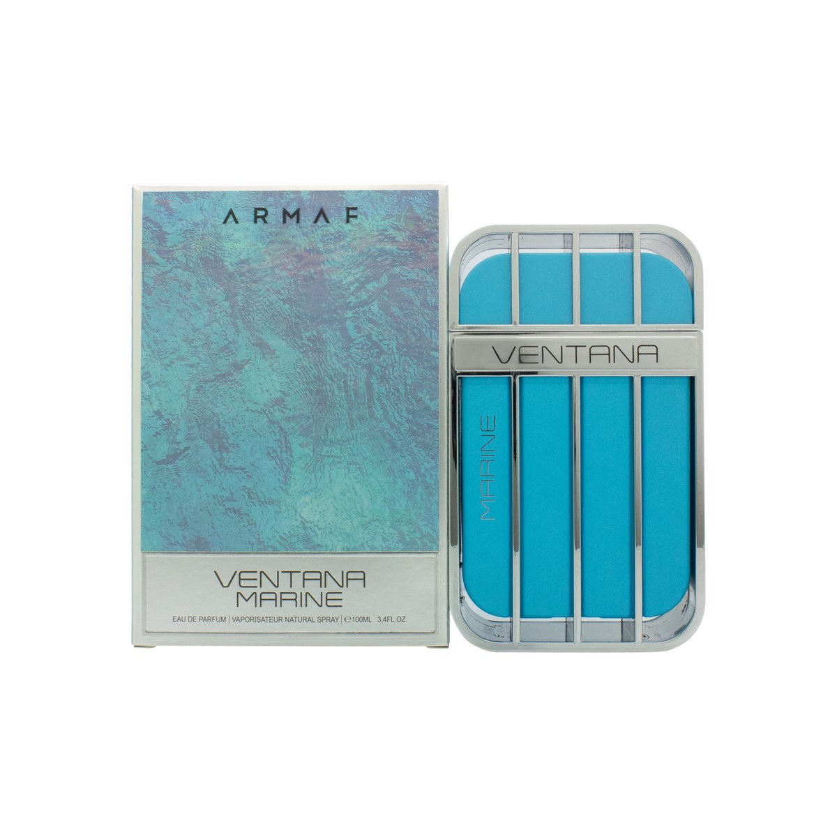 Armaf Ventana Marine Eau de Parfum 100 ml – blå glasflaske med sølvkork og rektangulært design