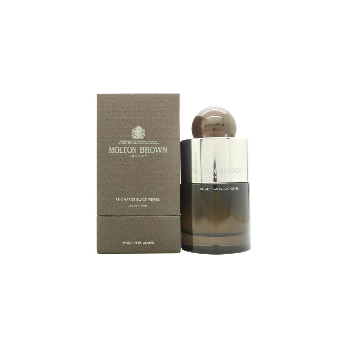 Molton Brown Re-Charge Black Pepper Eau de Parfum 100 ml – mørkebrun glasflaske med sort låg og minimalistisk etiket.