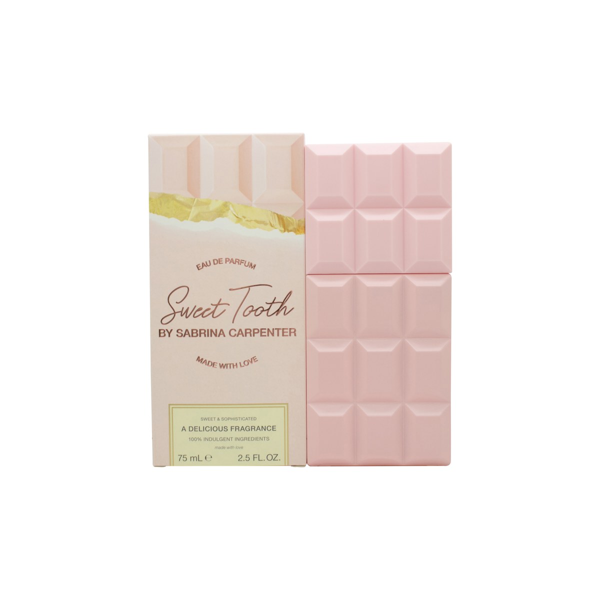 Sabrina Carpenter Sweet Tooth Eau de Parfum 75 ml – lyserød flakon formet som chokoladebar med quiltet låg