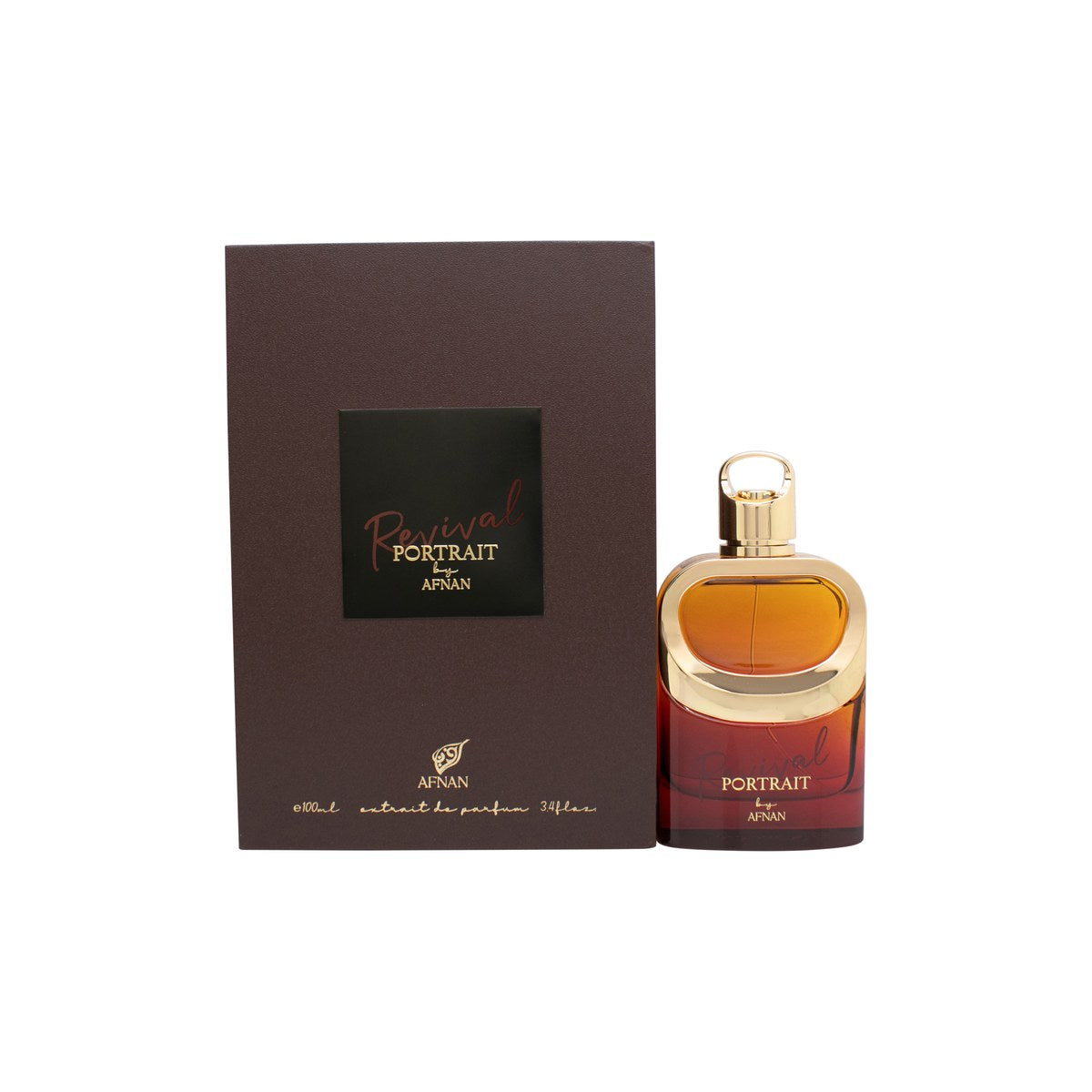 Afnan Portrait Revival Eau de Parfum, Afnan, 100 ml – sort firkantet flakon med gulddetaljer og portrætmotiv på fronten