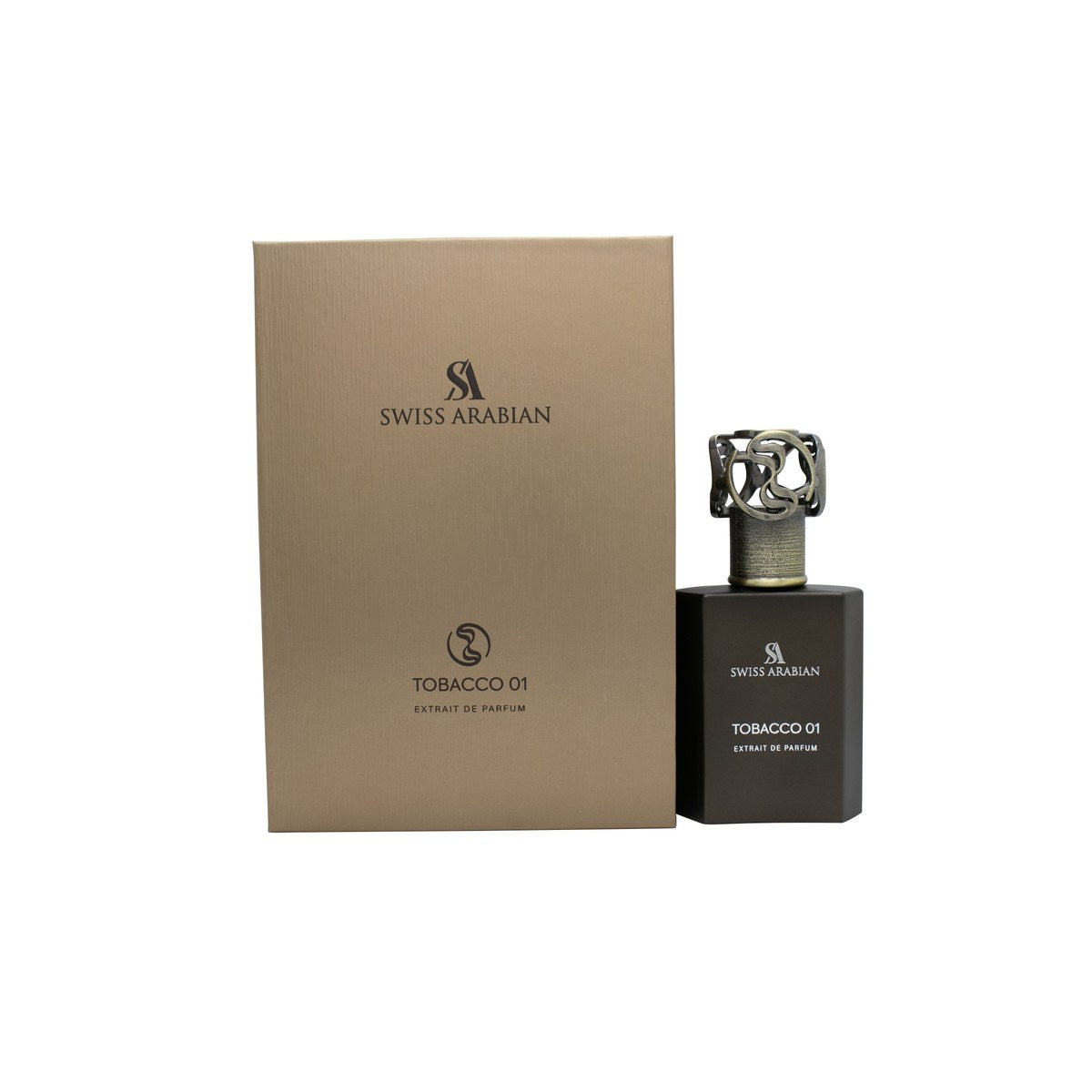 Swiss Arabian Tobacco 01 Extrait de Parfum, Swiss Arabian, 50 ml – mørk glasflaske med gylden etiket og sort firkantet låg