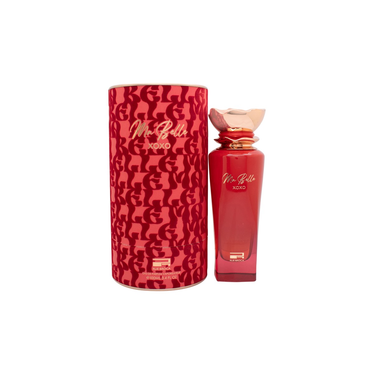 Rue Broca MA BELLE XOXO Eau de Parfum 100 ml, rosa rund glasflaske med gylden hætte og hjerteformet detalje.