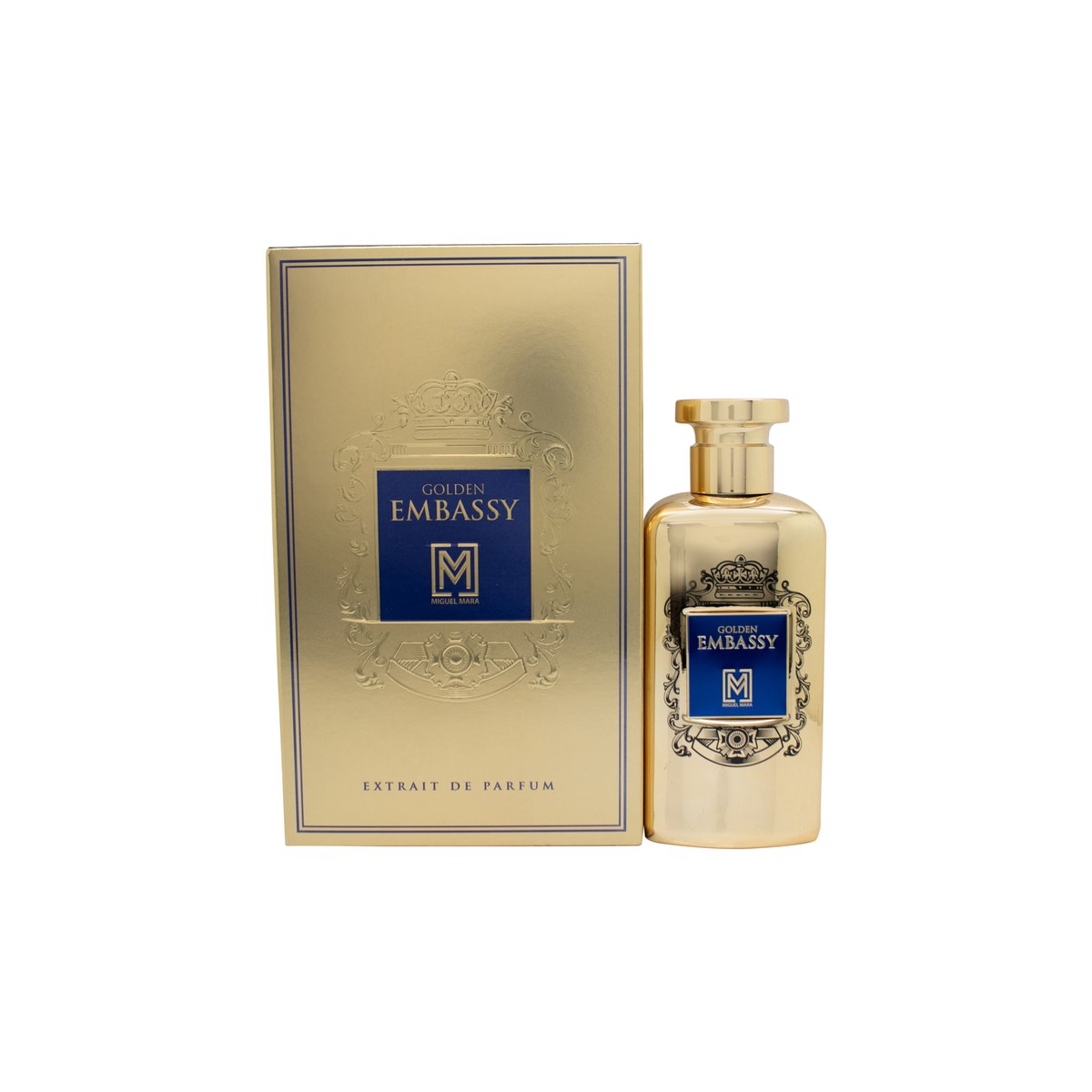 Afnan Miguel Mara Embassy Golden Extrait de Parfum, Afnan, 100 ml – gylden flakon med rillet front og guldkork