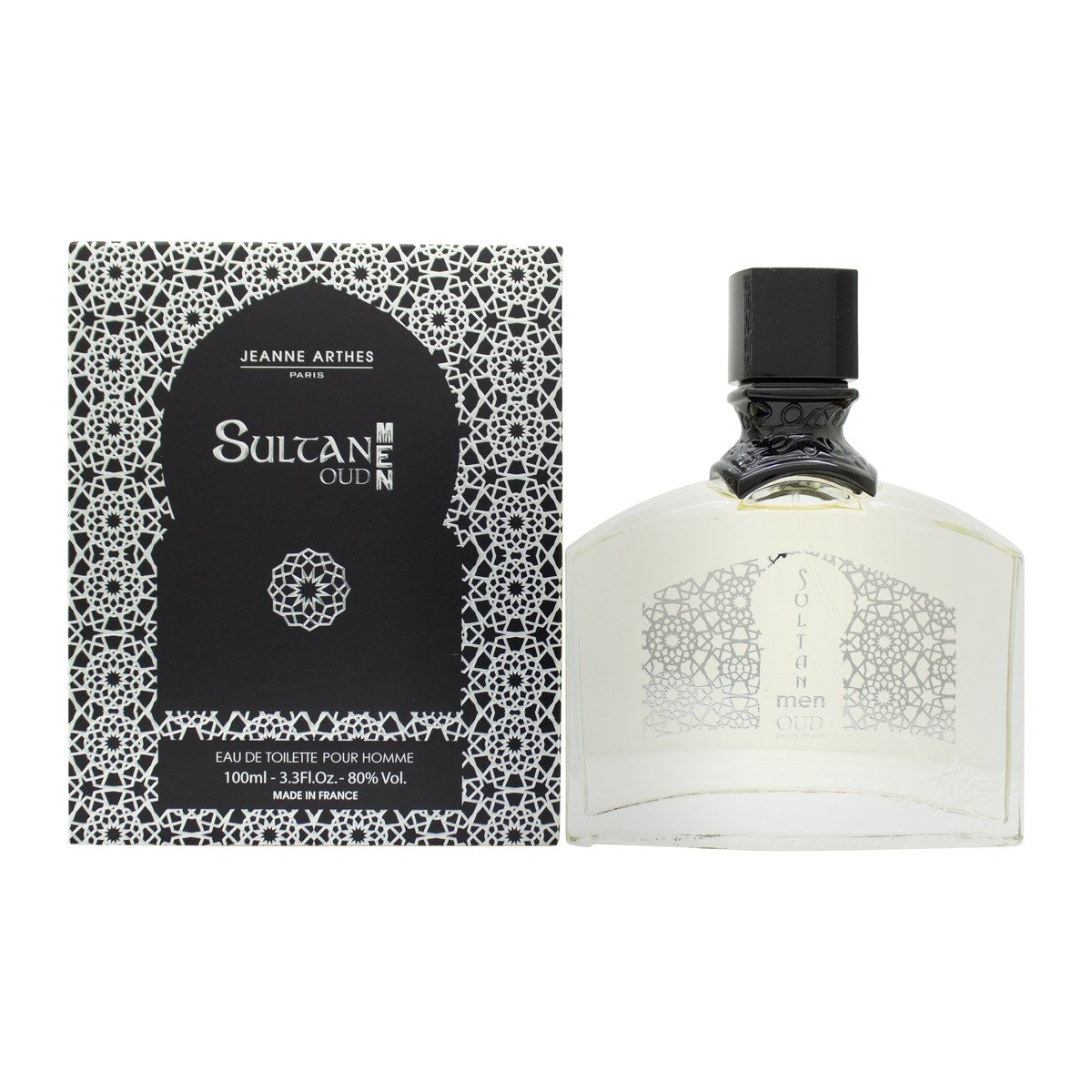 Jeanne Arthes Sultan Men Oud Eau de Toilette 100 ml – Jeanne Arthes, mørk ravfarvet flaske med sort låg.