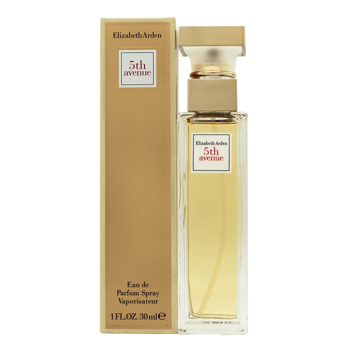 Elizabeth Arden Fifth Avenue Eau de Parfum 30 ml i slank, klart glasflakon med guldfarvet låg og lodret logo.