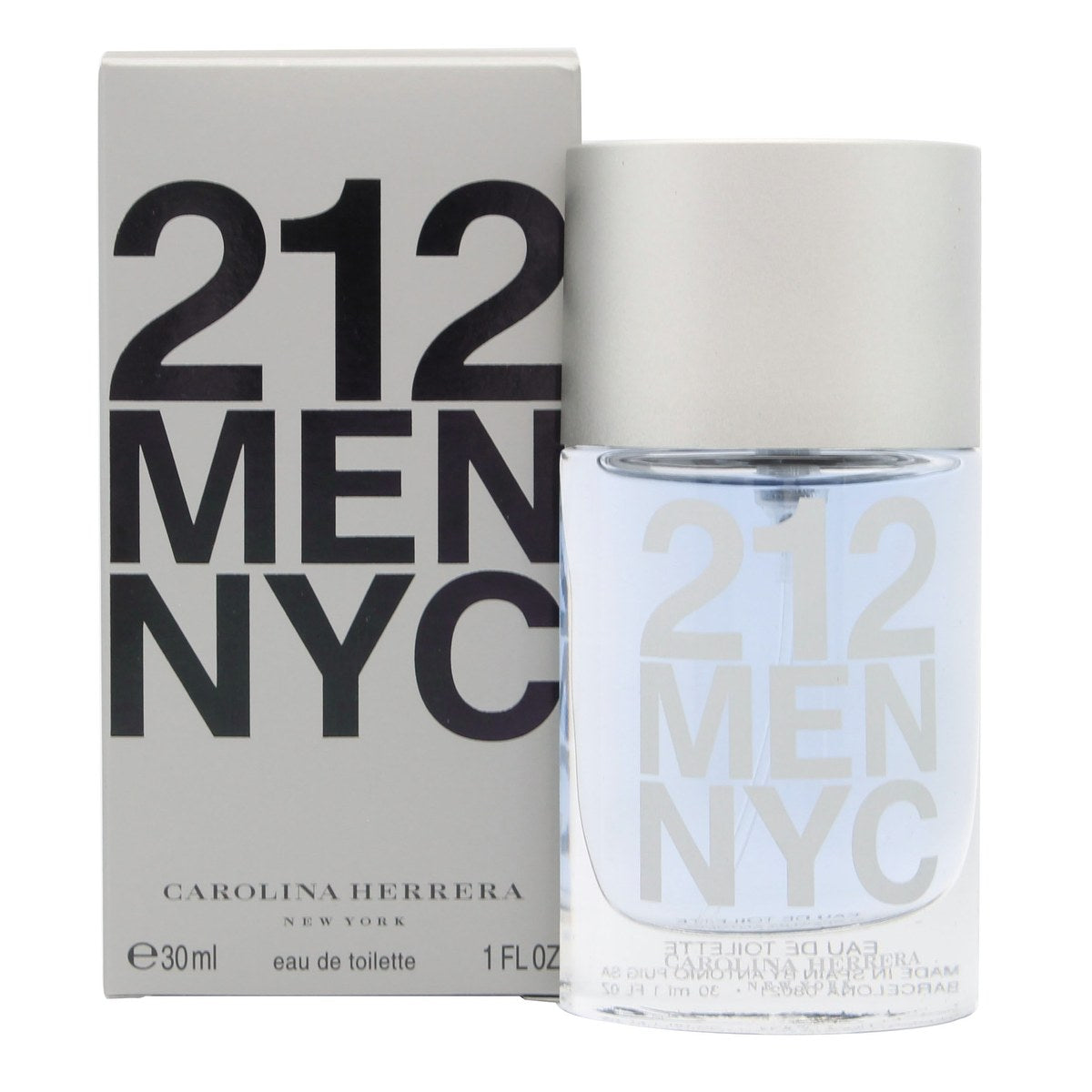 Carolina Herrera 212 Men Eau De Toilette 30 ml – mat sølv cylindrisk flakon med sort 212-print