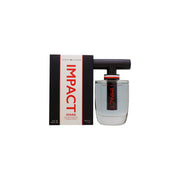 Impact Spark Eau De Toilette, Tommy Hilfiger, 100 ml – klar glasflaske med blå væske, T-formet design og røde detaljer