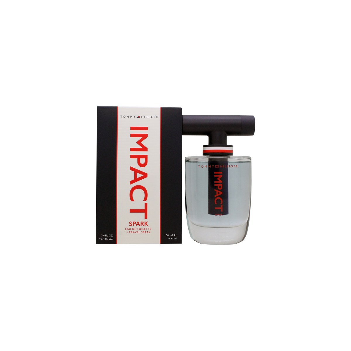 Impact Spark Eau De Toilette, Tommy Hilfiger, 100 ml – klar glasflaske med blå væske, T-formet design og røde detaljer