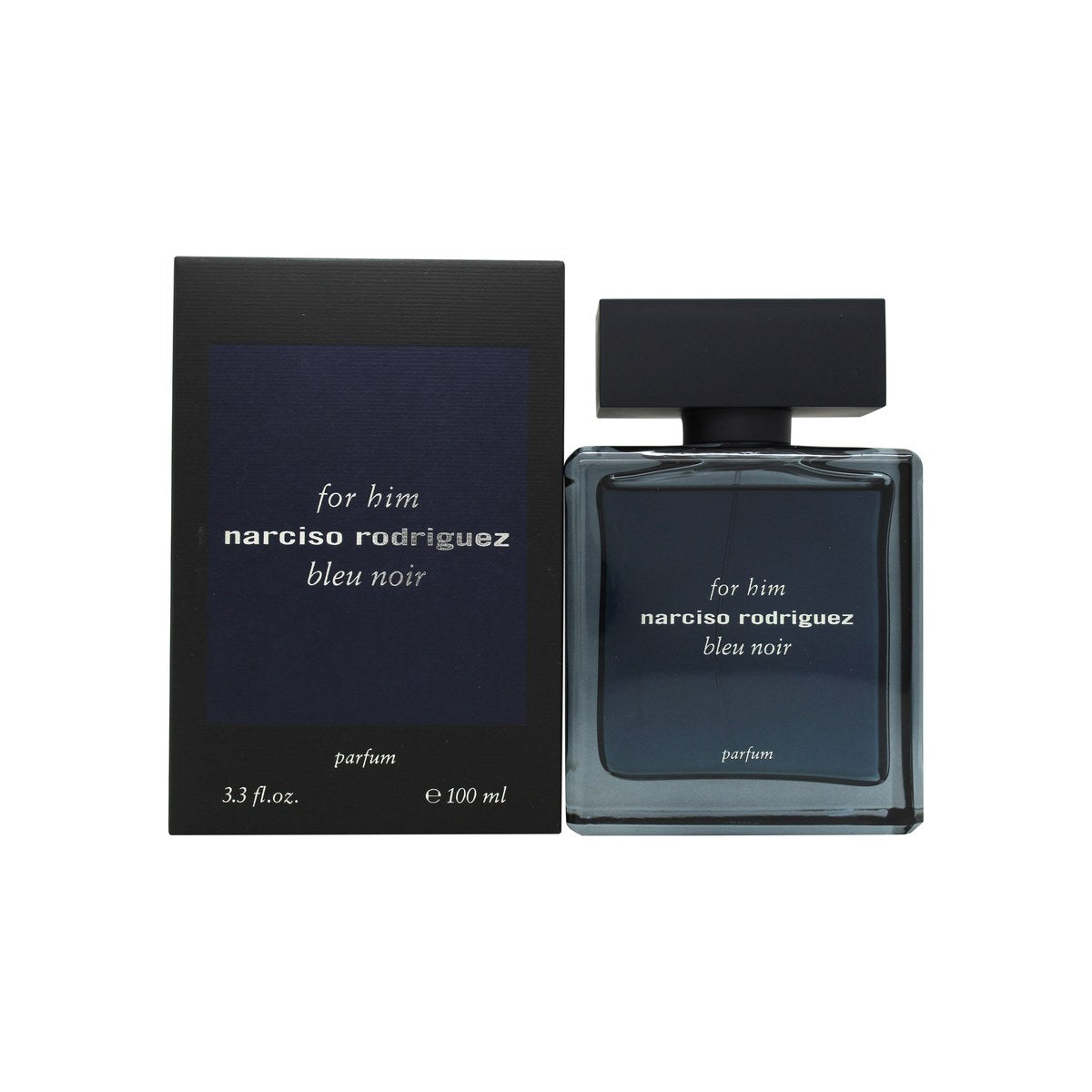 Narciso Rodriguez for Him Bleu Noir Parfum, Narciso Rodriguez, 100 ml – sort glasflaske med mørk top, enkelt design.