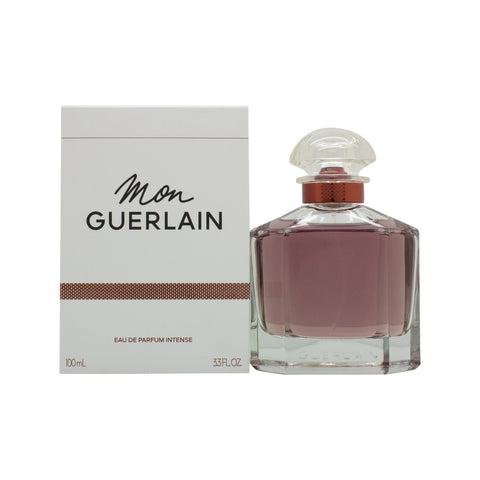 Guerlain Mon Guerlain Intense Eau de Parfum 100 ml – klar glasflaske med gylden juice og sort firkantet låg med dobbeltsløjfe