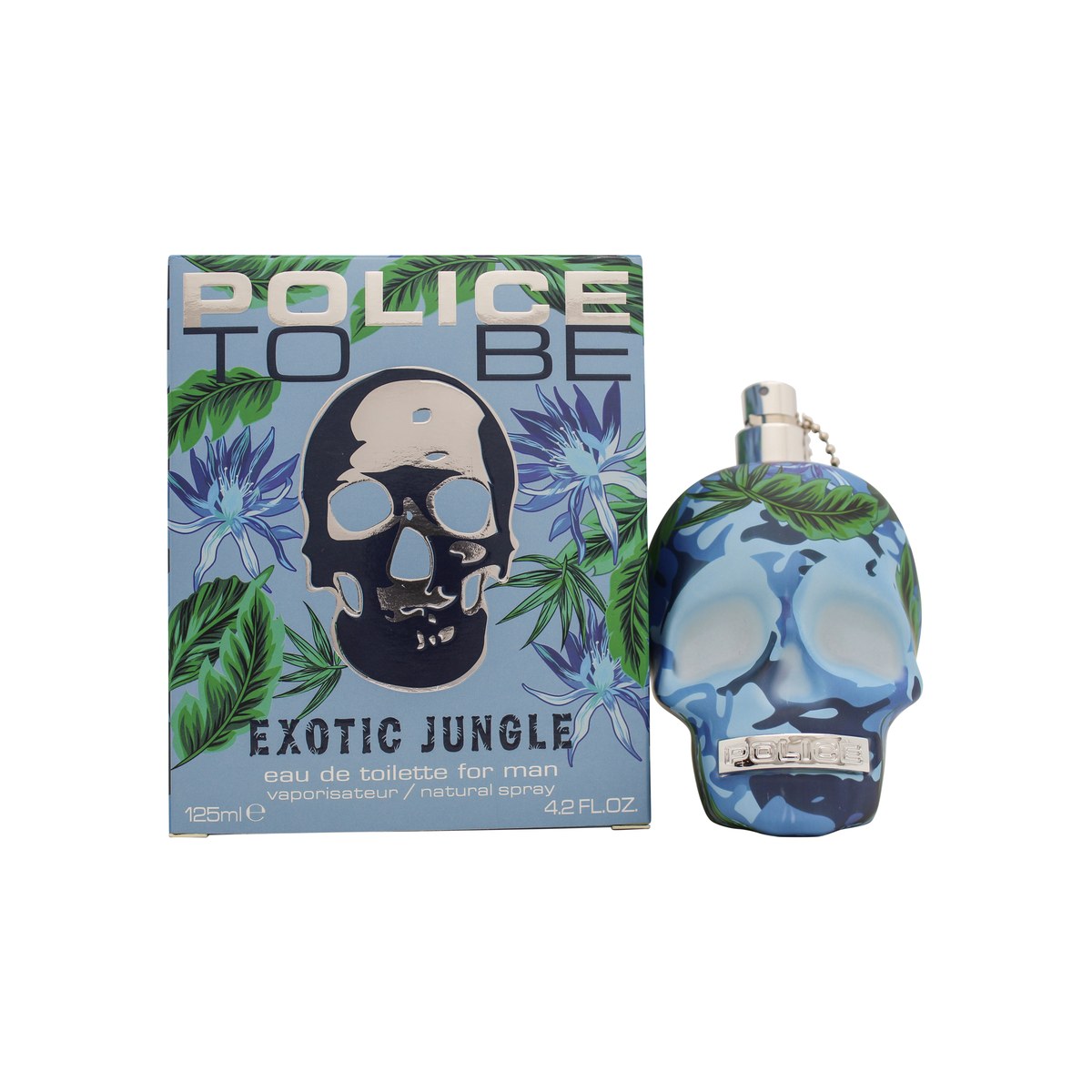 Police To Be Exotic Jungle Man Eau De Toilette, Police 125 ml, blå kranieflaske med tropiske palmeblade og metalplade-logo