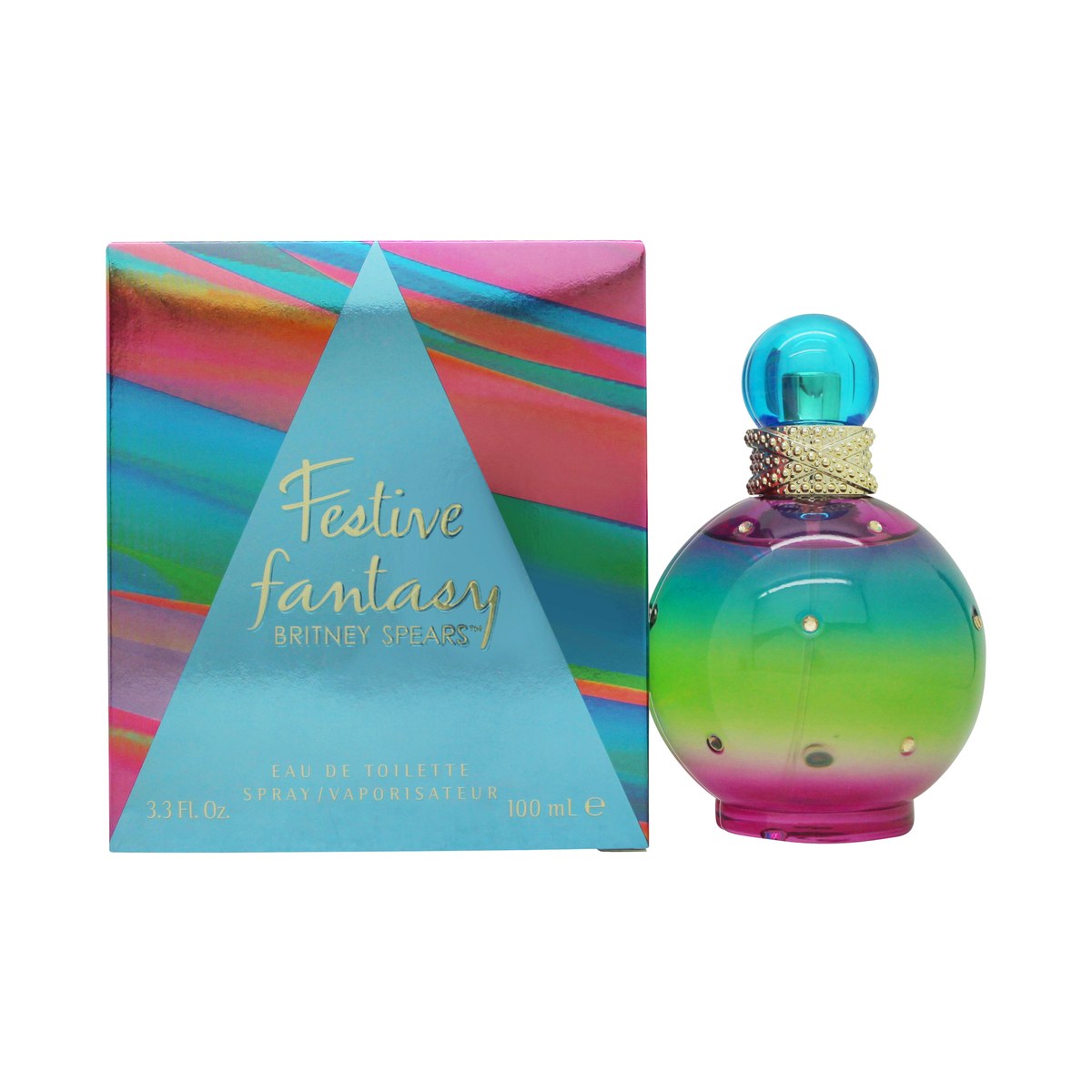 Britney Spears Festive Fantasy Eau de Toilette 100 ml – rund pink flakon med gulddetaljer og krystallåg