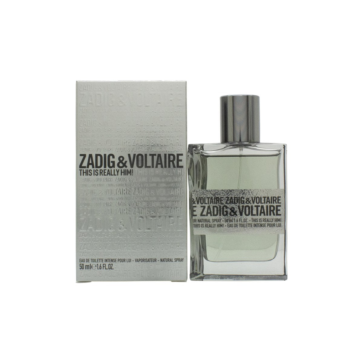 This Is Really! Him Eau De Toilette Zadig & Voltaire 50 ml, rektangulær flaske i sølvfinish med metallisk logo
