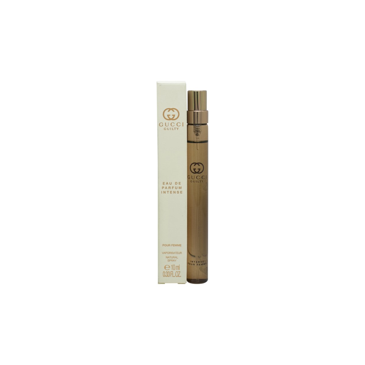 Gucci Guilty Eau de Parfum Intense Pour Femme 10 ml fra Gucci – mørk ravfarvet rektangulær flakon i guldmetal med logo