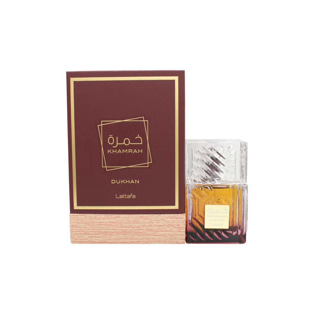 Lattafa Khamrah Dukhan Eau de Parfum 100 ml fra Lattafa, mørk ravfarvet flakon med gyldent låg og orientalsk mønster.